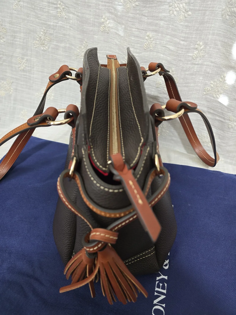 Dooney & Bourke Brown Pebbled Leather Satchel with Tan Trim